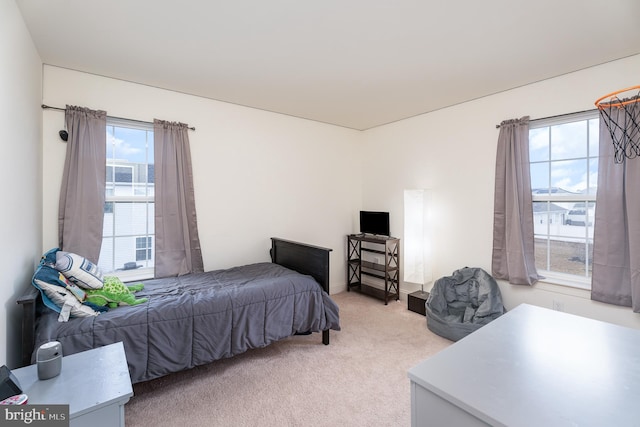 bedroom with light carpet