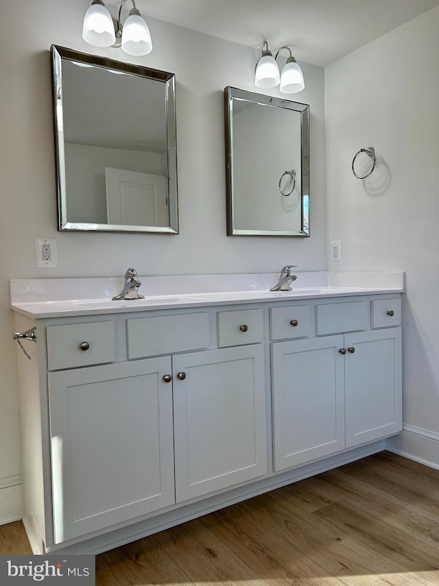 bathroom with wood-type flooring and vanity