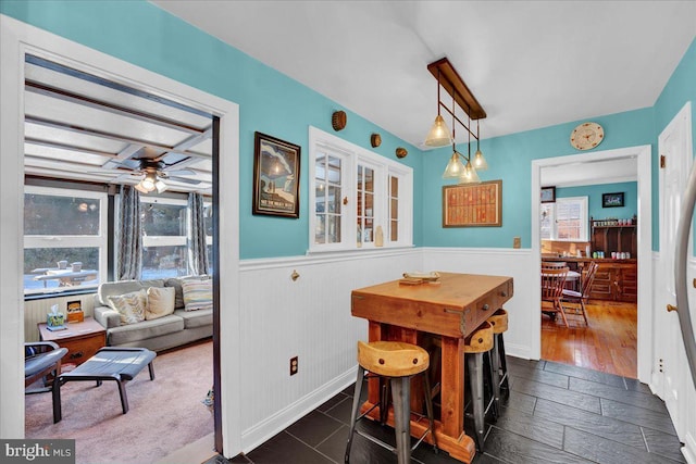 dining area featuring dark hardwood / wood-style floors and ceiling fan