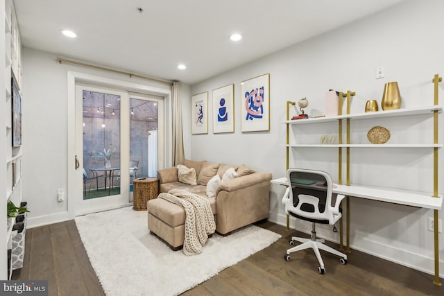 home office featuring dark hardwood / wood-style flooring