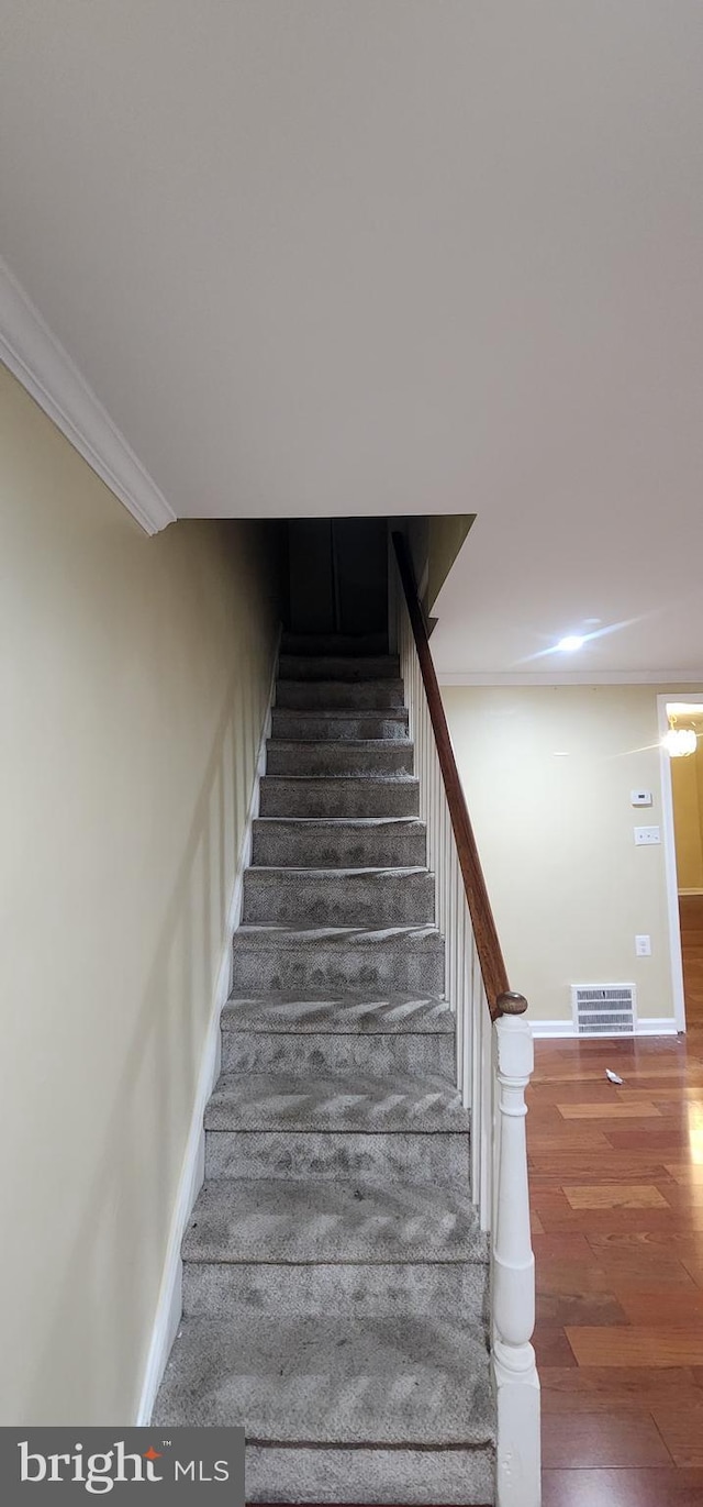 stairs featuring hardwood / wood-style flooring and crown molding