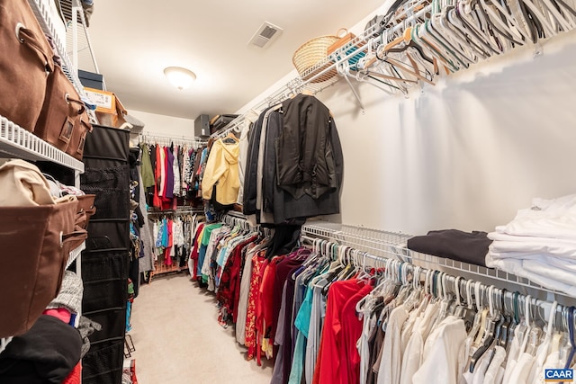 spacious closet featuring light colored carpet