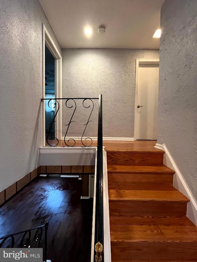 stairway with hardwood / wood-style flooring