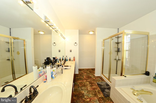 full bathroom with vanity, separate shower and tub, and toilet