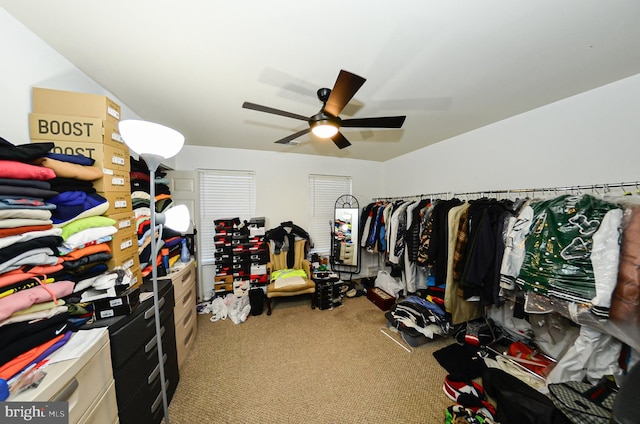 spacious closet with carpet floors and ceiling fan