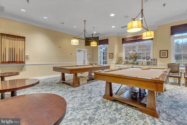 recreation room featuring crown molding, carpet floors, and billiards