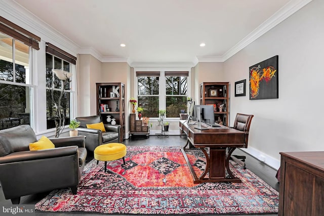 home office featuring crown molding and a wealth of natural light