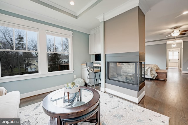 living room featuring a raised ceiling, crown molding, dark hardwood / wood-style floors, and a multi sided fireplace