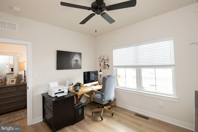 office featuring light wood-style floors, baseboards, visible vents, and ceiling fan