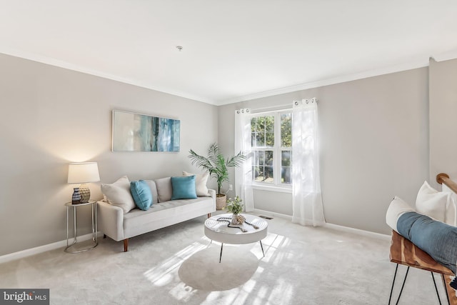 carpeted living room with ornamental molding