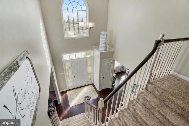 foyer entrance with hardwood / wood-style flooring and a high ceiling