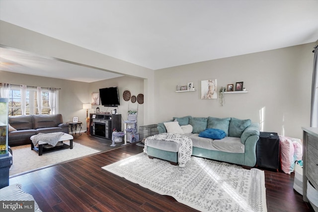 living room with dark hardwood / wood-style floors