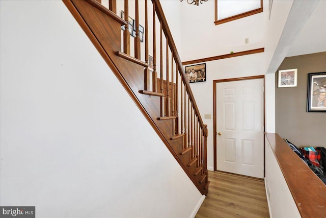 stairs featuring hardwood / wood-style flooring