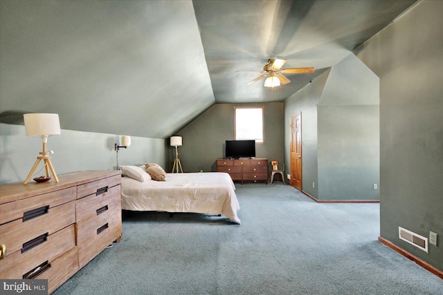 bedroom featuring ceiling fan, carpet, and vaulted ceiling