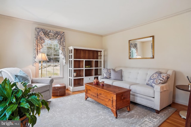 living room with ornamental molding and wood-type flooring