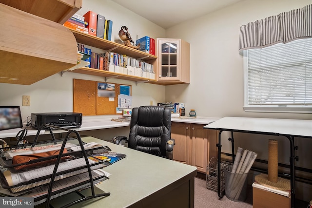 home office featuring light colored carpet and built in desk