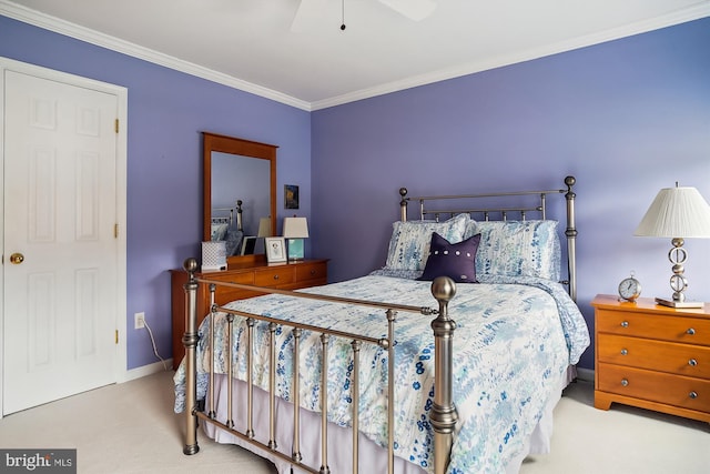 bedroom with crown molding, light colored carpet, and ceiling fan