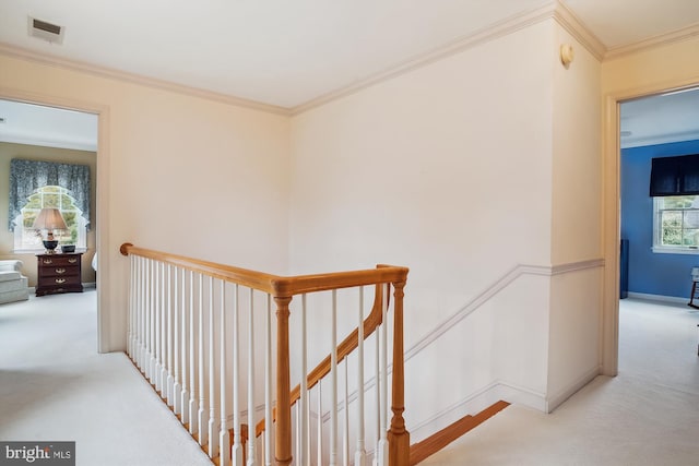 hall featuring ornamental molding and light colored carpet