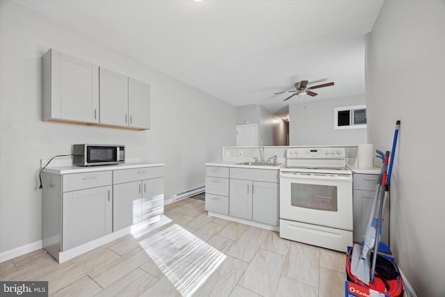 kitchen featuring a baseboard radiator, sink, ceiling fan, and white range with electric cooktop