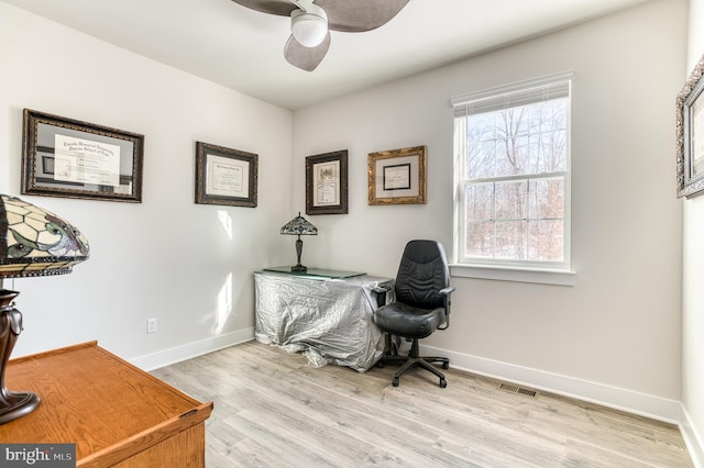 sitting room with light hardwood / wood-style floors and ceiling fan