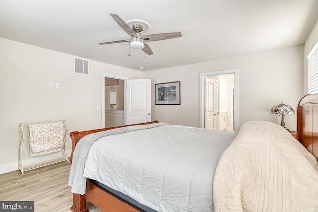 bedroom with ceiling fan, ensuite bath, and light wood-type flooring