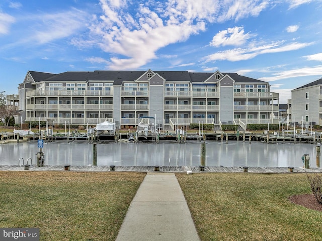 view of building exterior featuring a water view