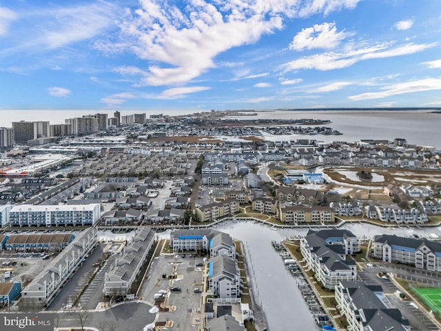 drone / aerial view with a water view