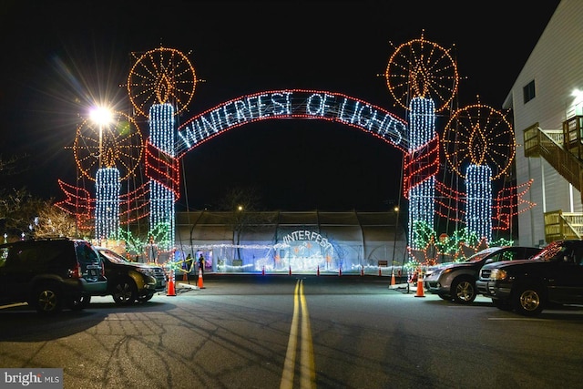 view of parking at night