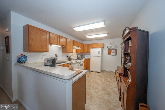 kitchen with sink, white appliances, and kitchen peninsula