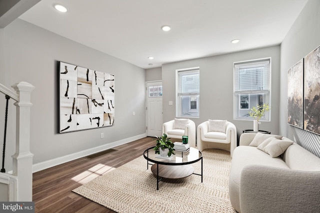 living room with dark hardwood / wood-style floors