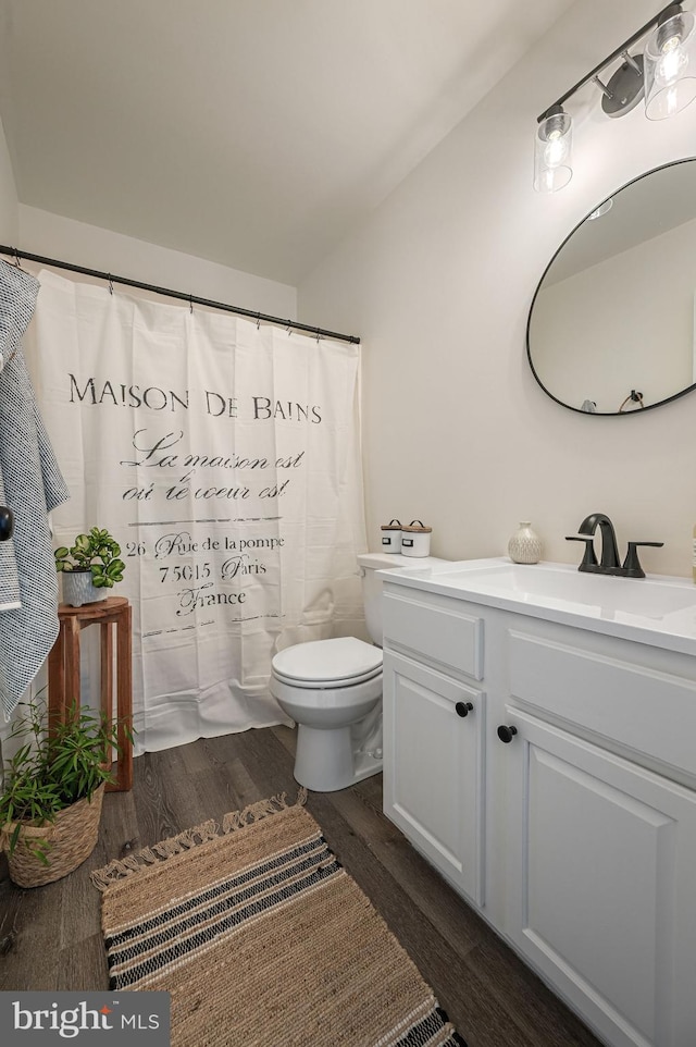 bathroom featuring vanity, hardwood / wood-style flooring, and toilet