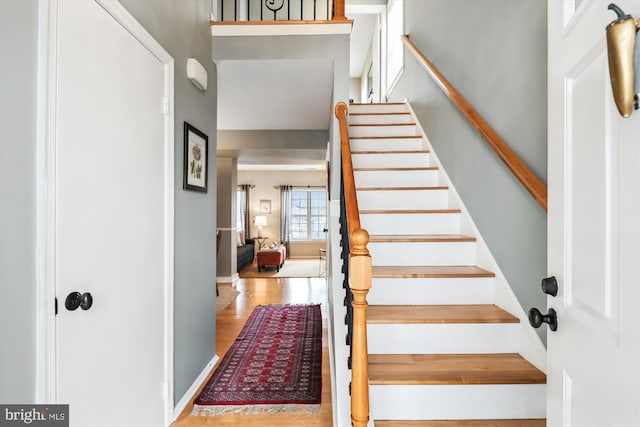 staircase featuring hardwood / wood-style flooring