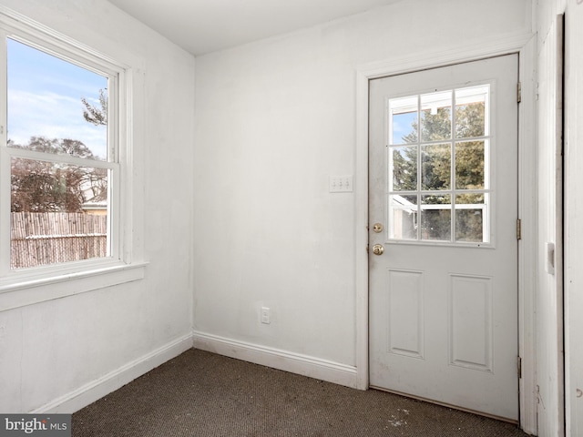 doorway to outside with dark colored carpet