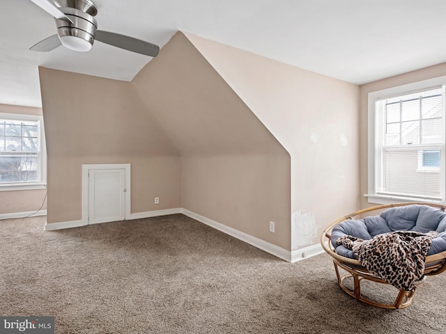 additional living space featuring plenty of natural light, carpet, and ceiling fan