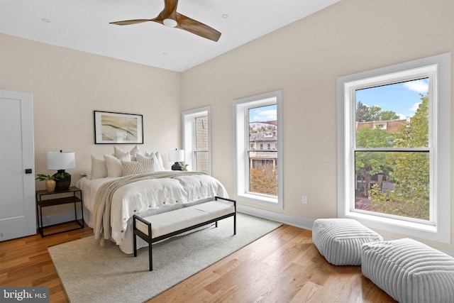 bedroom featuring ceiling fan, multiple windows, and light wood-type flooring