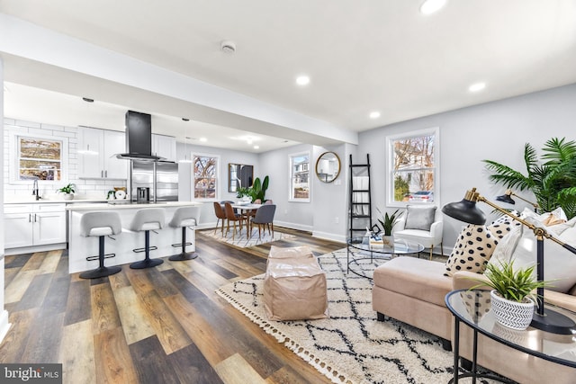 living room featuring sink and hardwood / wood-style flooring