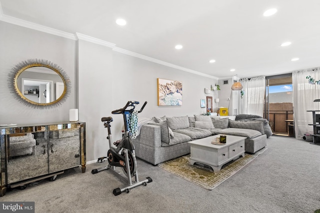 living room with crown molding and carpet floors