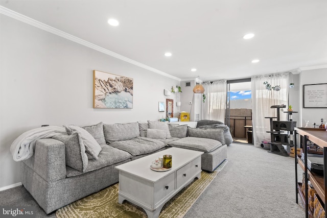 living room featuring crown molding and carpet