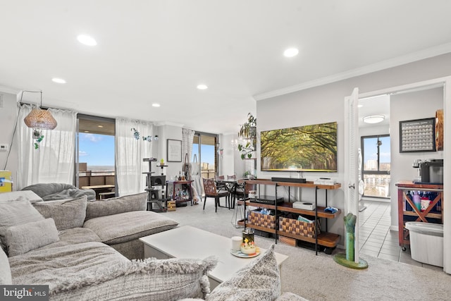 living room featuring light tile patterned floors and ornamental molding