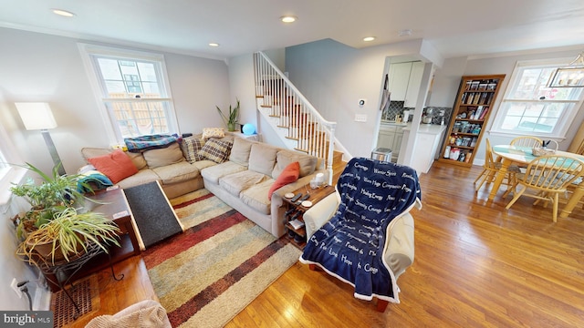 living room featuring crown molding, a wealth of natural light, and light hardwood / wood-style flooring