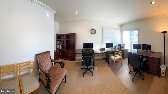 office area with light colored carpet and ornamental molding