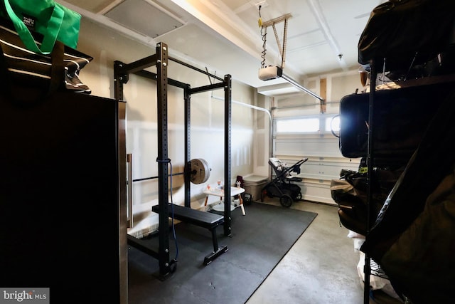 exercise room featuring a garage