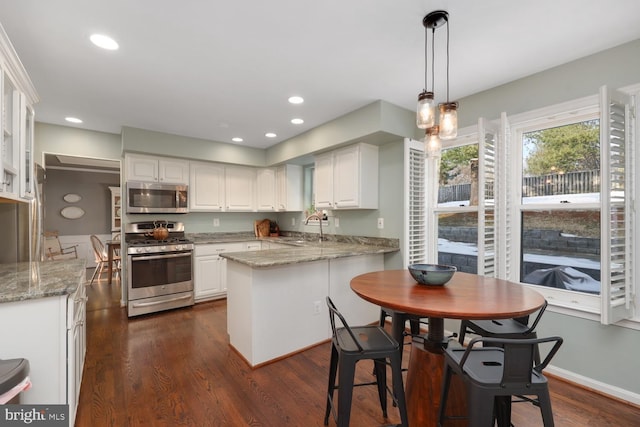 kitchen with white cabinetry, decorative light fixtures, dark hardwood / wood-style flooring, and appliances with stainless steel finishes