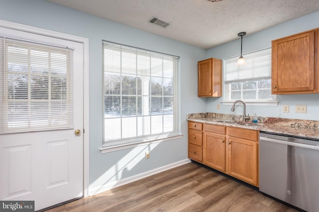 kitchen with hardwood / wood-style floors, hanging light fixtures, stainless steel dishwasher, sink, and light stone counters