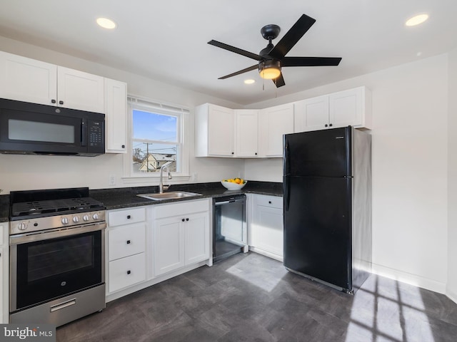 kitchen featuring sink, black appliances, white cabinets, and ceiling fan