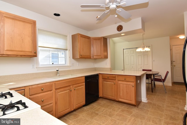 kitchen with pendant lighting, sink, dishwasher, ceiling fan, and kitchen peninsula