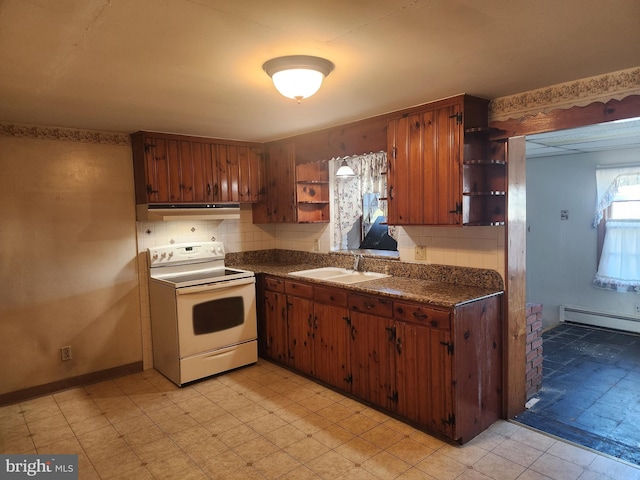 kitchen featuring sink, white electric range oven, decorative backsplash, and a baseboard radiator