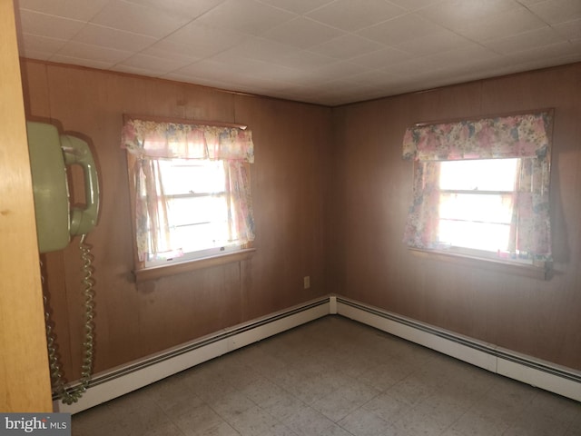 spare room featuring baseboard heating and wood walls