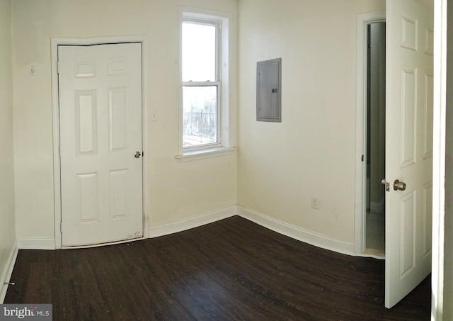 interior space featuring electric panel and dark hardwood / wood-style floors