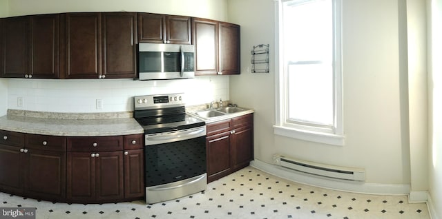 kitchen with appliances with stainless steel finishes, a baseboard heating unit, decorative backsplash, sink, and dark brown cabinets